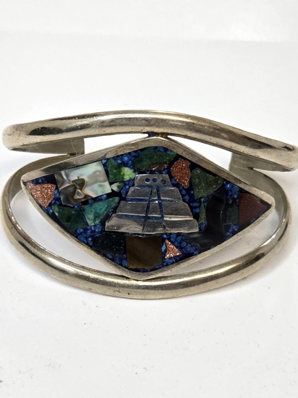 Vintage Mexico Pyramid Turquoise Mother of Pearl Inlay Alpaca Cuff Bracelet